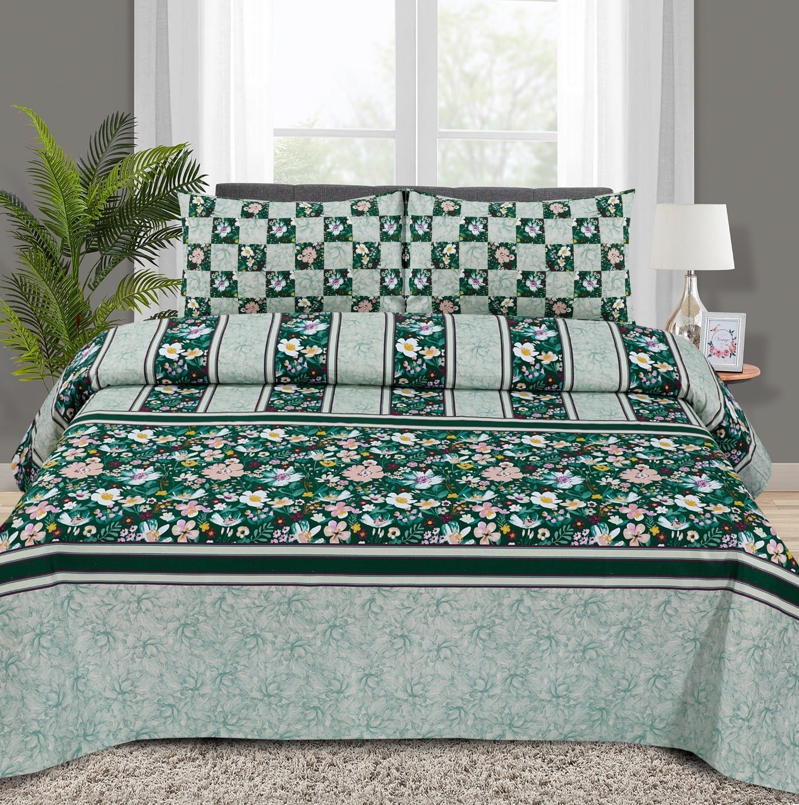 Pure Cotton Green Check Bedsheet Set N - 09﹙Premium﹚ Bed Sheets